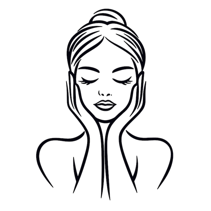 Vecteur dessin de ligne visage de femme abstrait avec des mains vecteur visage féminin stylisé concept de mode de beauté féminine