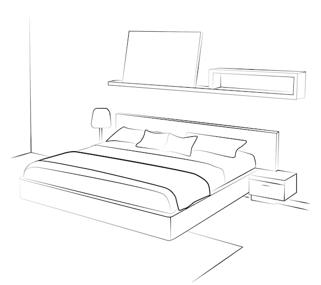 Dessin Linéaire D'une Chambre Avec Un Grand Lit. Mobilier Scandinave élégant Dans Un Style Linéaire Simple