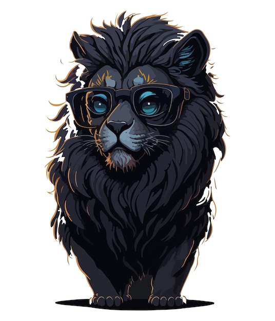 Un dessin d'un lion portant des lunettes et une chemise noire avec le mot lion dessus.