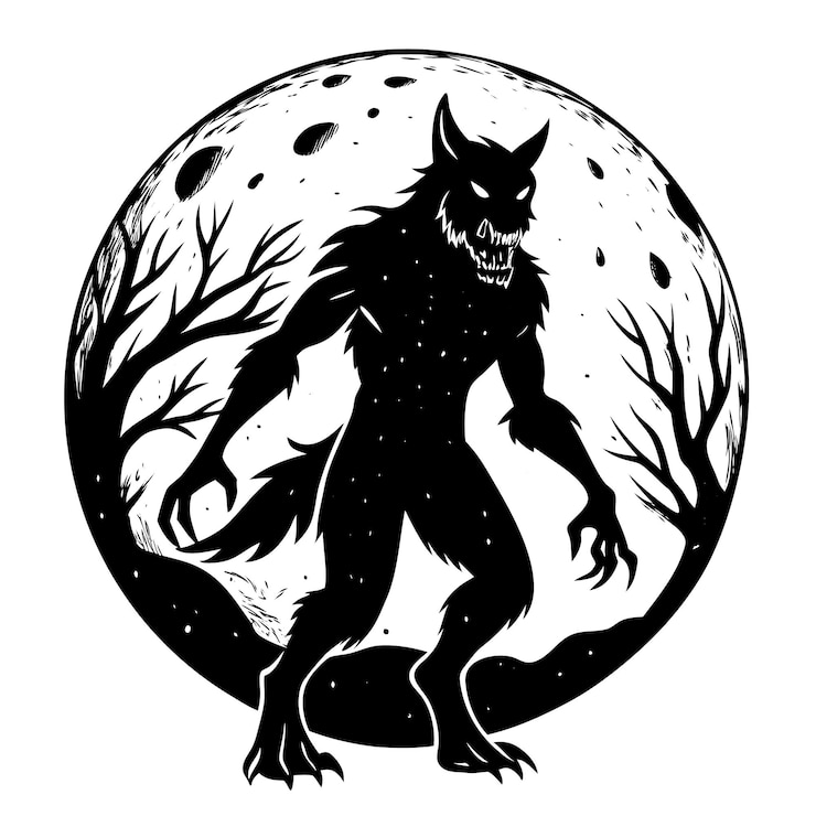 Vecteur un dessin d'un loup noir avec la lune derrière lui