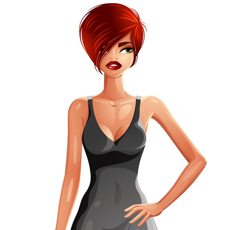 Vecteur dessin lumineux d'une magnifique femme caucasienne sexy aux cheveux roux vêtue d'une robe d'été lumineuse, isolée sur fond blanc. portrait féminin, illustration vectorielle colorée.