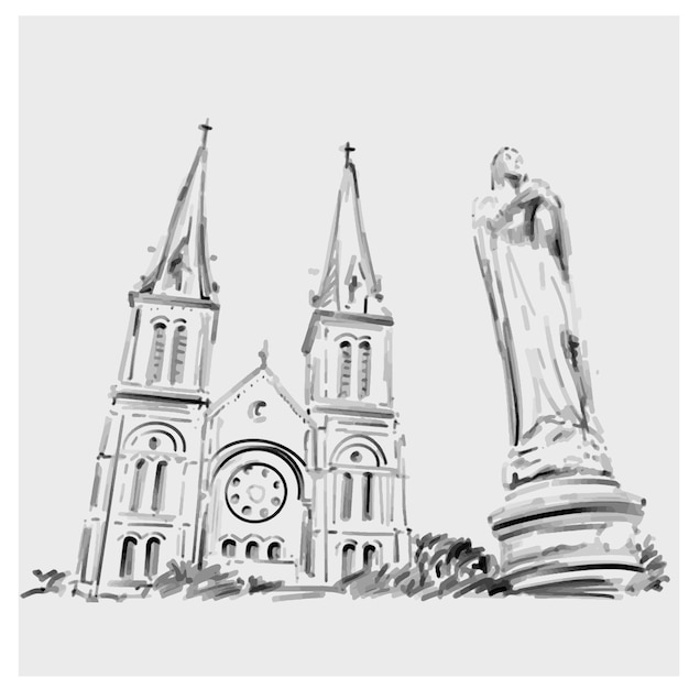 Vecteur dessin à la main de la cathédrale notre-dame de saigon au vietnam