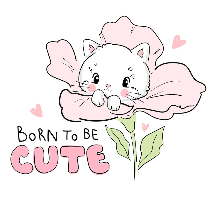 Vecteur dessin à la main chat mignon et fleurs vectoriel sketch print design imprimé pour enfants sur t-shirt