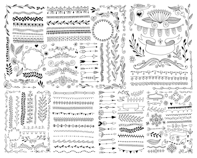 Dessin à la main doodle page décoration ensemble d'éléments vintage