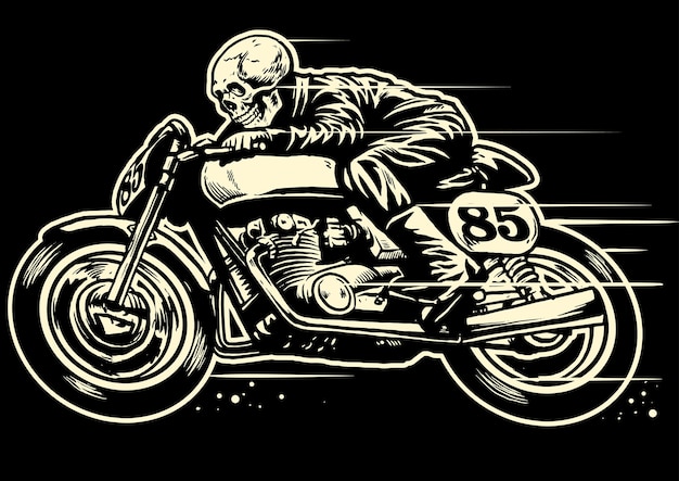 Vecteur dessin à la main du crâne sur une moto vintage