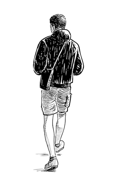 Vecteur dessin à la main d'un étudiant adolescent qui se promène seul à l'extérieur.