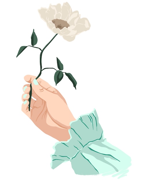 Dessin de la main d'une fille avec une belle manucure tenant une fleur blanche