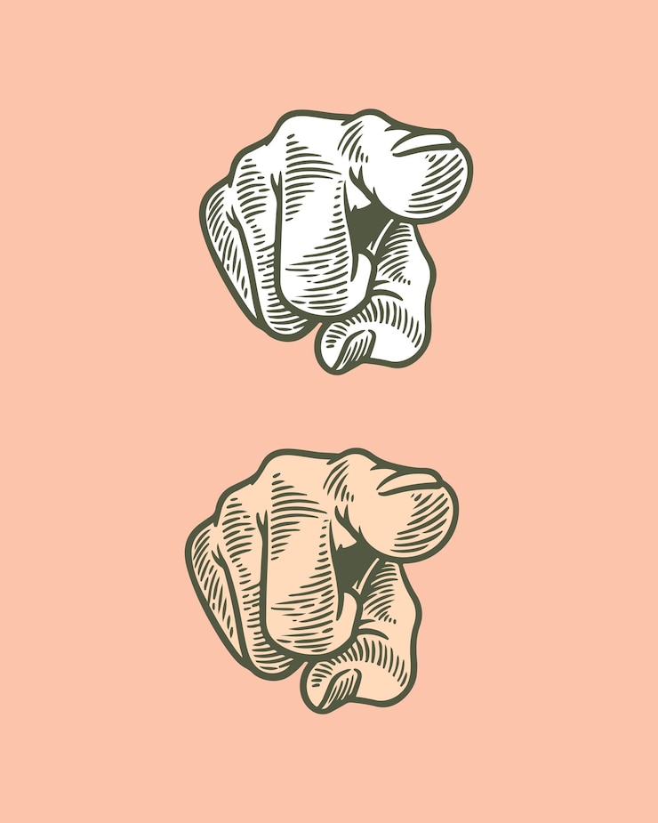 Vecteur dessin à la main gravure main pointant isolé sur fond rose