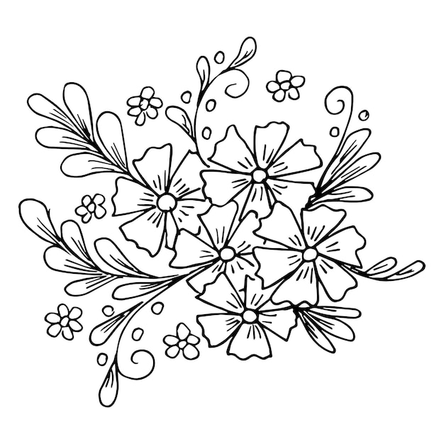 Dessin à Main Levée De Fleurs Et De Feuilles En Noir Et Blanc Style Doodle Ou Croquis