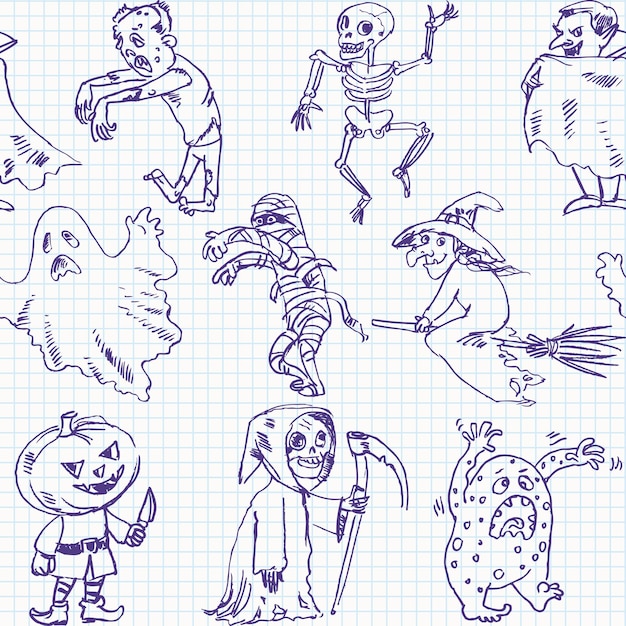 Dessin à main levée halloween sur une feuille de cahier d'exercices. Illustration vectorielle. Modèle sans couture