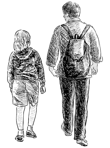 Dessin à Main Levée D'un Père Avec Son Enfant Marchant Ensemble à L'extérieur