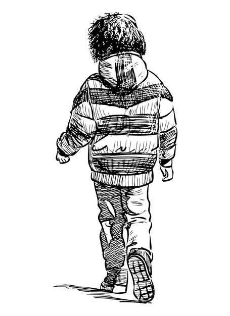 Dessin à main levée d'un petit enfant en veste marchant le long de la rue