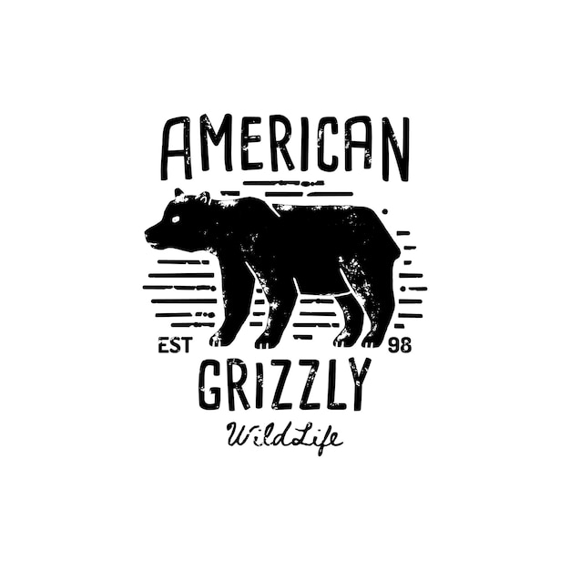 Vecteur dessin à la main de logo d'ours grizzly vintage. symbole vecteur de l'amérique sauvage, la silhouette d'un ours. typographie vintage. modèle d'impression, d'affiche, de t-shirt, de couverture, de bannière ou d'autres œuvres commerciales ou artistiques.