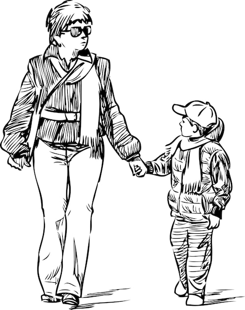Vecteur dessin à la main d'une mère avec son fils marchant à l'extérieur