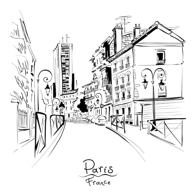 dessin à la main en noir et blanc. Rue de Paris avec des maisons traditionnelles et des lanternes, Paris, France.