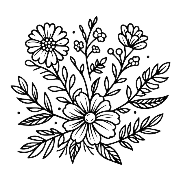 Dessin à la main Page à colorier Illustration artistique à la ligne de fleurs sur fond blanc