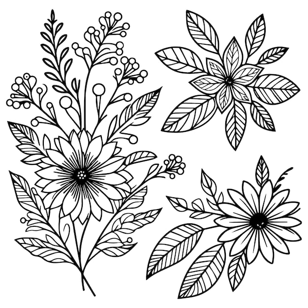Dessin à la main Page à colorier Illustration artistique à la ligne de fleurs sur fond blanc