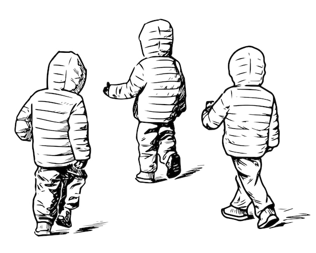 Dessin à La Main De Petits Enfants En Vestes à Capuche Marchant à L'extérieur