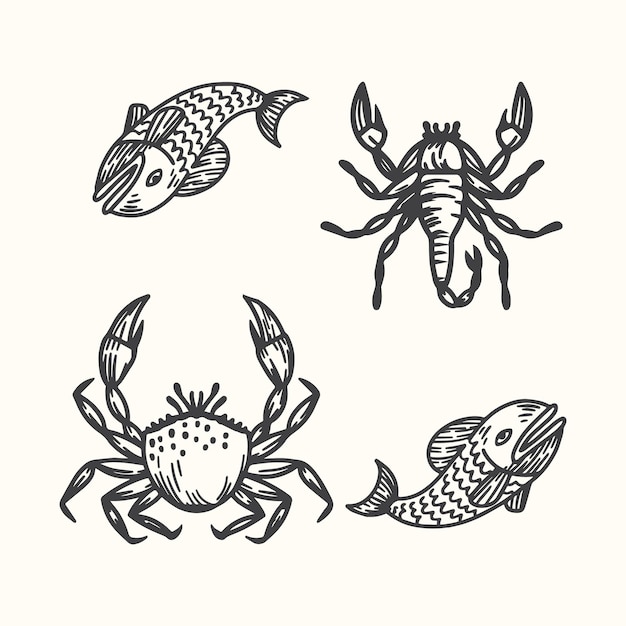 Dessin à la main poisson crabe illustration vectorielle de style plat isolé sur fond blanc