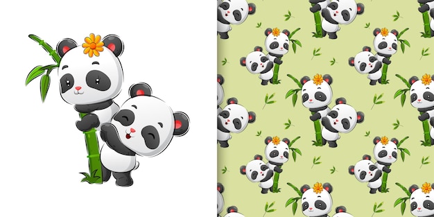 Dessin à La Main Transparente De Panda Mignon Jouant Sur Le Bambou Dans L'illustration De La Forêt