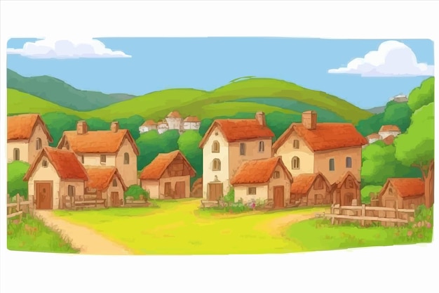 Vecteur un dessin d'une maison avec une colline verte en arrière-plan