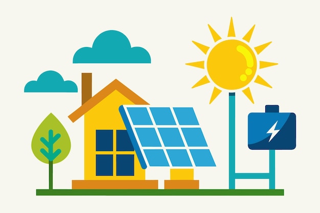 un dessin d'une maison avec des panneaux solaires sur le dessus