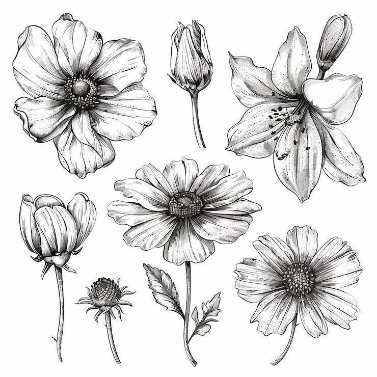 Vecteur dessin monochrome avec des fleurs et des herbes