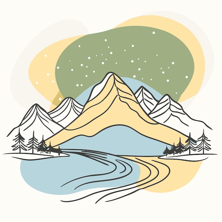 Vecteur un dessin d'une montagne avec une rivière et une rivière avec un fleuve et un coucher de soleil en arrière-plan