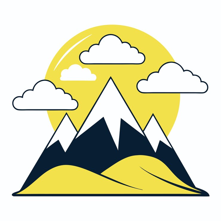 Vecteur un dessin d'une montagne avec un soleil et des nuages en arrière-plan