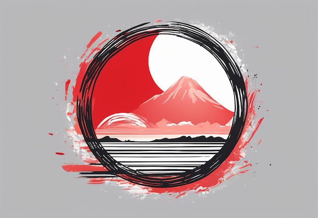 Vecteur un dessin d'une montagne avec un soleil rouge et un cercle rouge au milieu