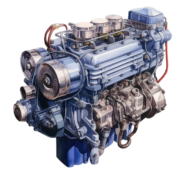 Vecteur un dessin d'un moteur de voiture bleu avec un moteur argenté au milieu.