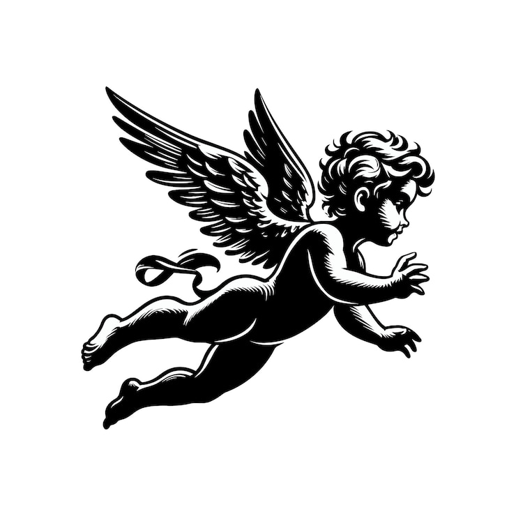 Vecteur un dessin en noir et blanc d'un ange ailé avec une queue cupidon avec une main d'arc dessiné dans un style de gravure