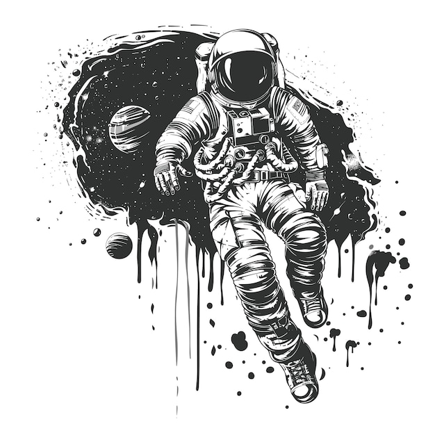 Un dessin en noir et blanc d'un astronaute debout devant une planète