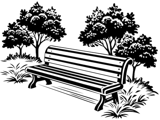 Vecteur un dessin en noir et blanc d'un banc de parc avec des arbres et des buissons