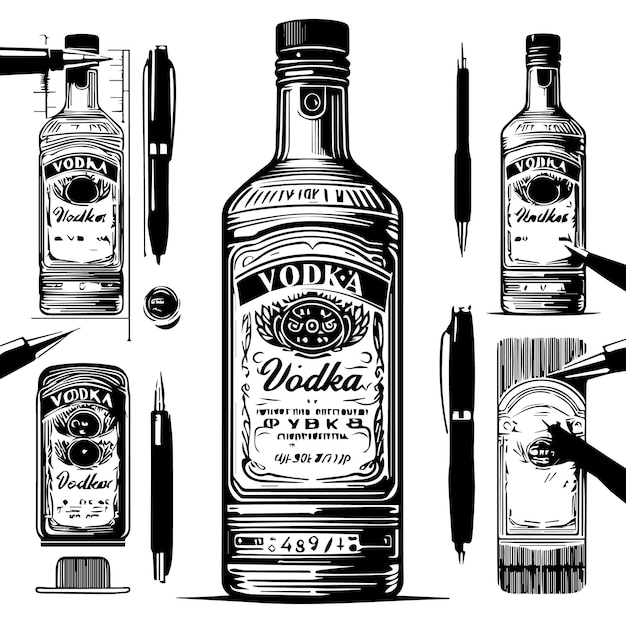 Vecteur un dessin en noir et blanc d'une bouteille d'alcool avec une étiquette disant ne pas entrer