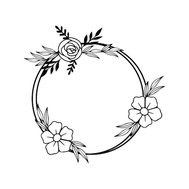 Vecteur un dessin en noir et blanc d'un cercle avec des fleurs et des feuilles.