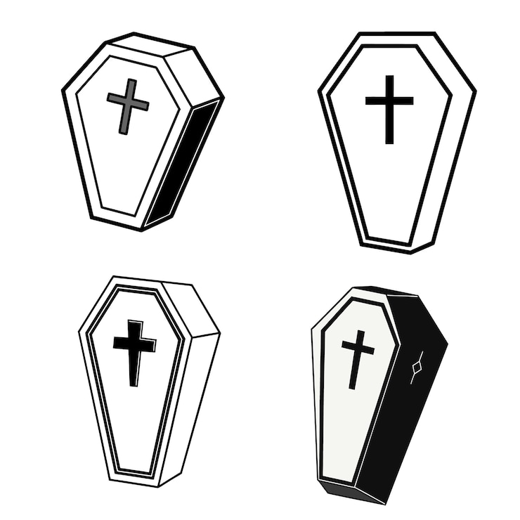 Vecteur un dessin en noir et blanc d'un cercueil avec une croix dessus