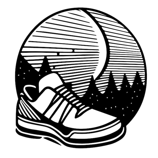 Un dessin en noir et blanc d'une chaussure avec la lune en arrière-plan.