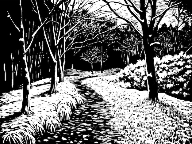 un dessin en noir et blanc d'un chemin avec de la neige sur le sol