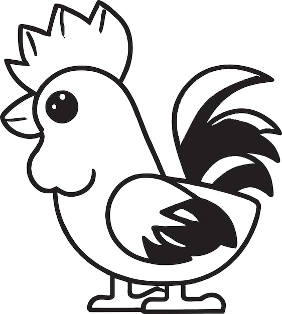 Vecteur dessin noir et blanc d'un coq avec une queue noire et un contour noir.