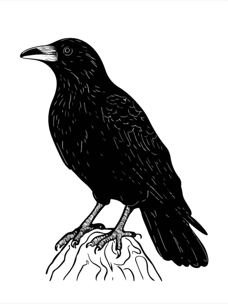 Vecteur un dessin en noir et blanc d'un corbeau perché sur un rocher