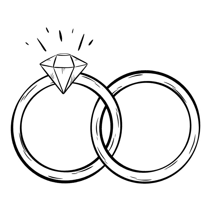 Vecteur un dessin en noir et blanc de deux bagues de mariage avec un diamant au milieu