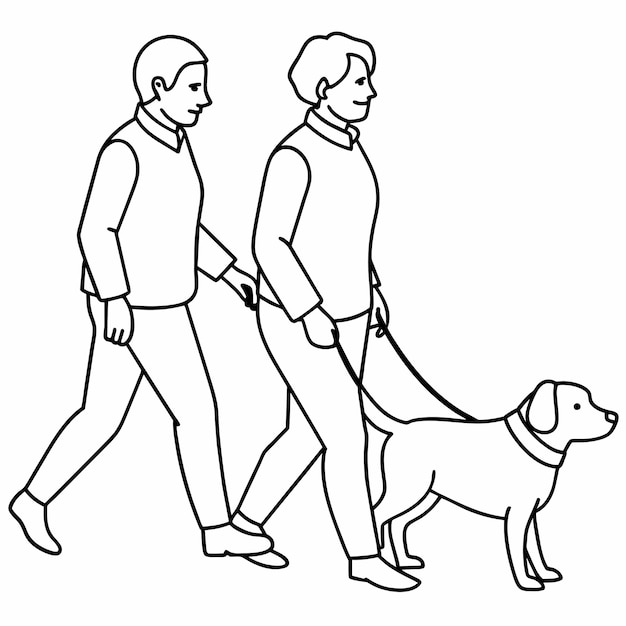 Vecteur un dessin en noir et blanc de deux hommes marchant avec un chien