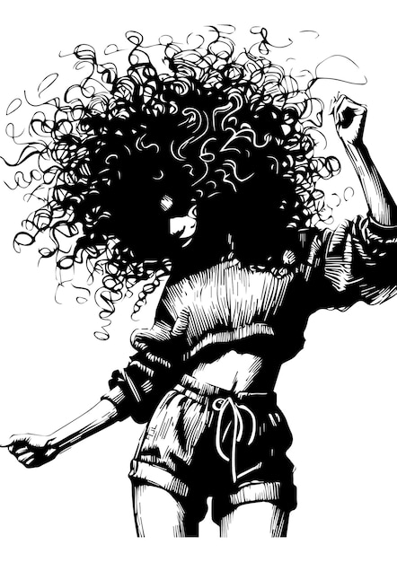 Vecteur un dessin en noir et blanc d'une femme aux cheveux bouclés
