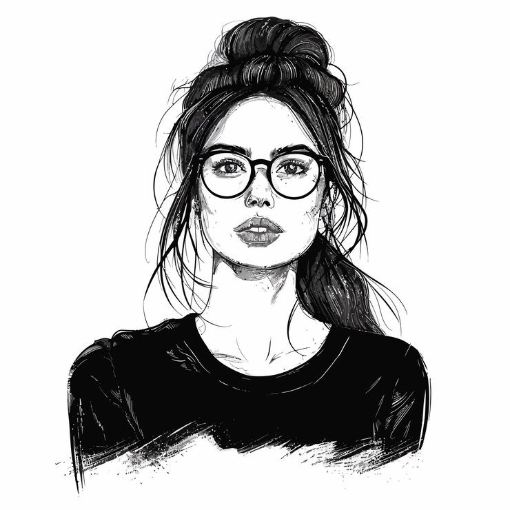 Vecteur un dessin en noir et blanc d'une femme portant des lunettes
