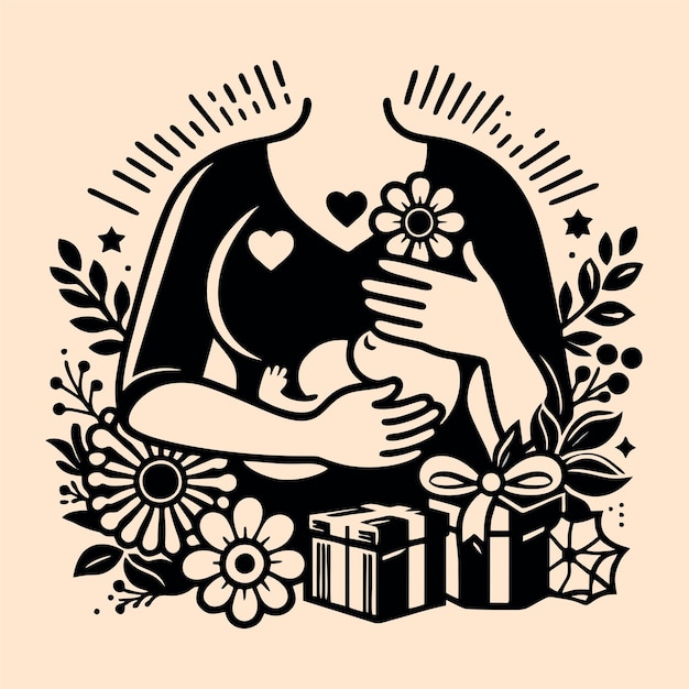 Vecteur un dessin en noir et blanc d'une femme tenant un bébé et une boîte de cadeaux