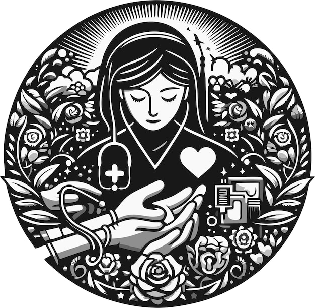Vecteur un dessin en noir et blanc d'une femme tenant un crucifix et une croix avec un cœur au milieu