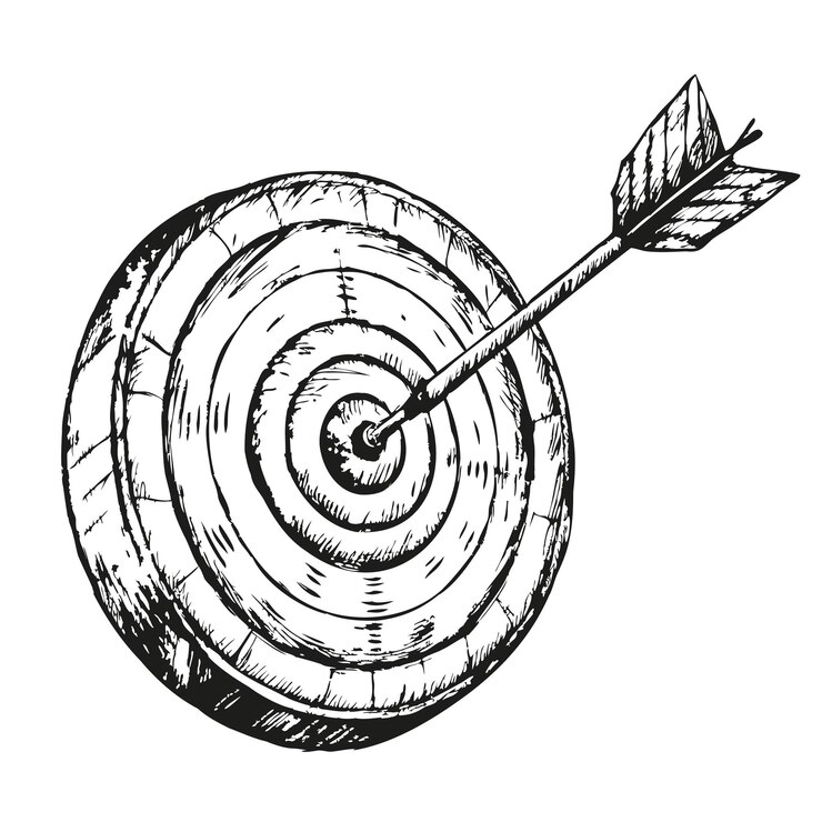Vecteur un dessin en noir et blanc d'une flèche pointant vers une cible