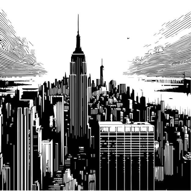 Vecteur un dessin en noir et blanc d'un gratte-ciel avec le mot empire dessus