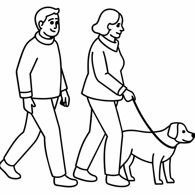 Vecteur un dessin en noir et blanc d'un homme et d'une femme marchant avec un chien